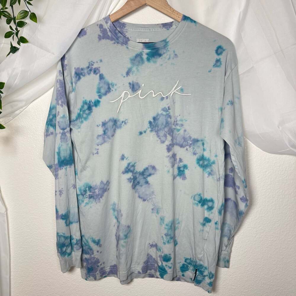 Victoria's Secret PINK Long Sleeve Campus Tee Embroidered Logo Tie Dye Blue